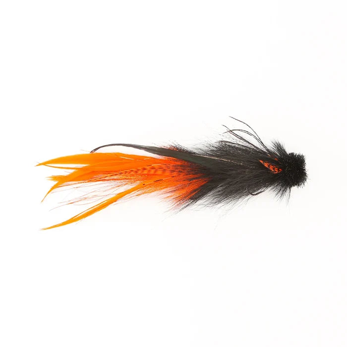 Double Buford Urban Fly Co. fishing lure featuring black and bright orange feathers designed for musky fishing, ideal for sporting and fly fishing tackle collections.