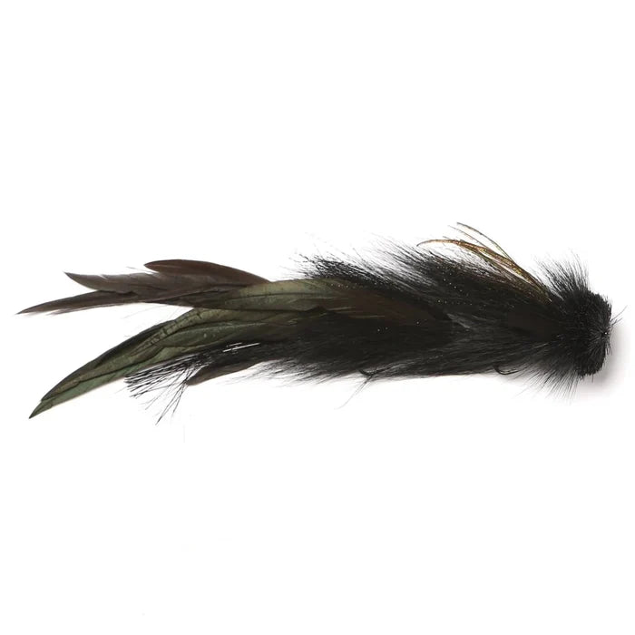Double Buford Urban Fly Co. black feathered fishing lure designed for fly fishing, featuring layered feathers and synthetic fibers for realistic movement in water.