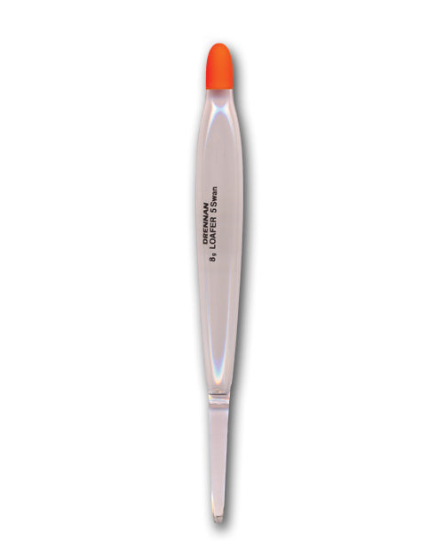 Drennan Loafer Floats fishing tackle featuring a slender transparent body with an orange tip designed for high visibility on the water.