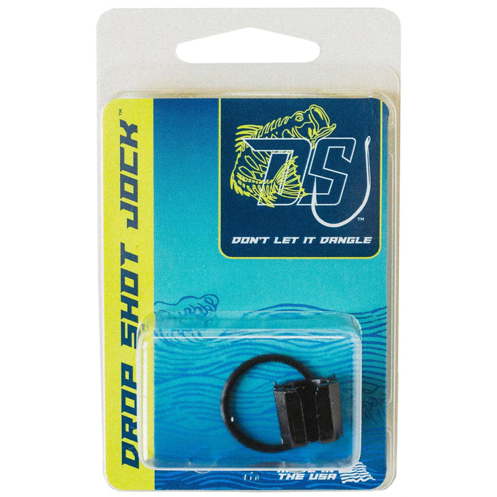 Drop Shot Jock Weight Keepers in clear packaging with blue and yellow branding, showing black adjustable fishing tackle accessory designed to secure weights on fishing lines.