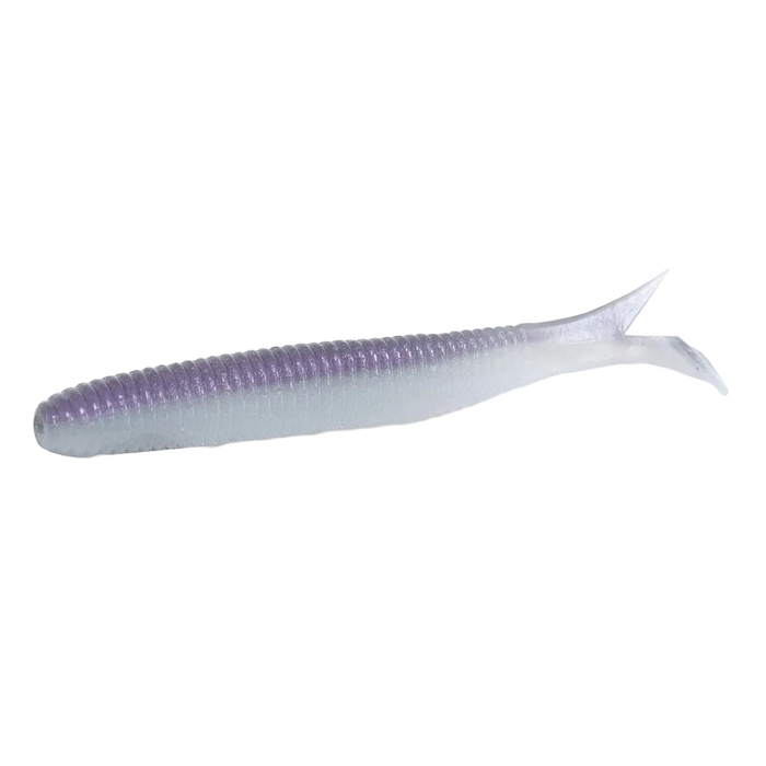 DRT Cramp Shad 4.5" soft plastic fishing lure with ribbed body and paddle tail in translucent purple and white, designed for effective movement in freshwater fishing tackle.