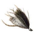 Dude Hair Jigs fishing lure featuring a detailed hair and feather design in natural brown and gray tones, ideal for musky and fly fishing tackle.