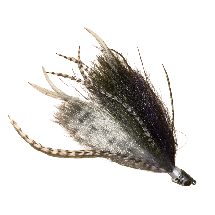 Dude Hair Jigs fishing lure featuring a detailed hair and feather design in natural brown and gray tones, ideal for musky and fly fishing tackle.