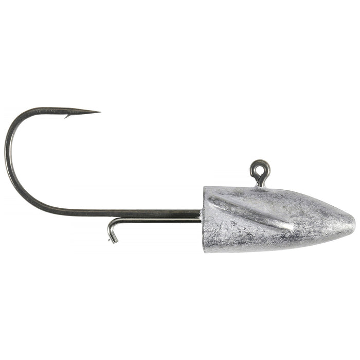 Close-up of a Duo Realis Bayruf BR Head fishing lure featuring a sharp single hook attached to a metallic, bullet-shaped weighted head designed for musky and ice fishing.
