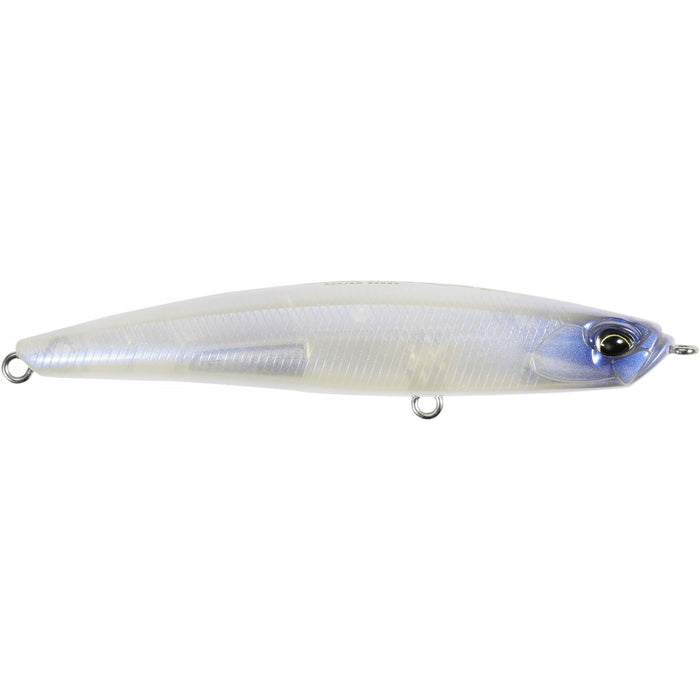 Duo Realis Bayruf Seek 85S fishing lure in a ghost pearl color with a sleek, translucent body and realistic fish eye, designed for effective fishing tackle use.