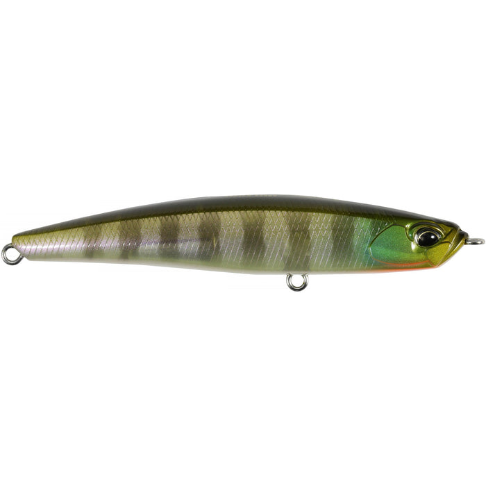 Duo Realis Bayruf Seek 85S fishing lure with a sleek, elongated body featuring green and olive tones, designed for effective musky and sport fishing tackle use.