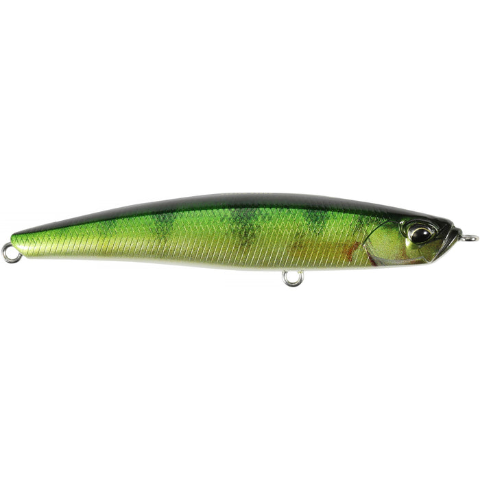 Duo Realis Bayruf Seek 85S fishing lure with a sleek, elongated body featuring green and yellow tones, designed for effective fishing tackle use.