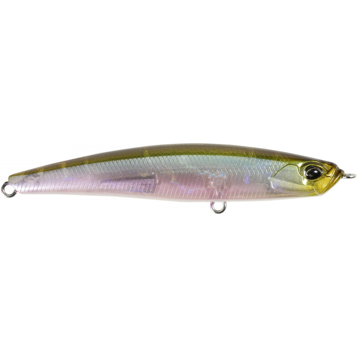 Duo Realis Bayruf Seek 85S fishing lure with a sleek, elongated design featuring a greenish-gold top and iridescent, reflective sides for attracting fish.