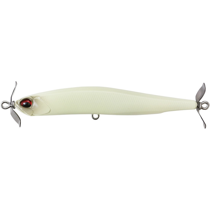 Duo Realis SpinBait 80 white topwater fishing lure with red eye and metal propeller blades for freshwater fishing tackle