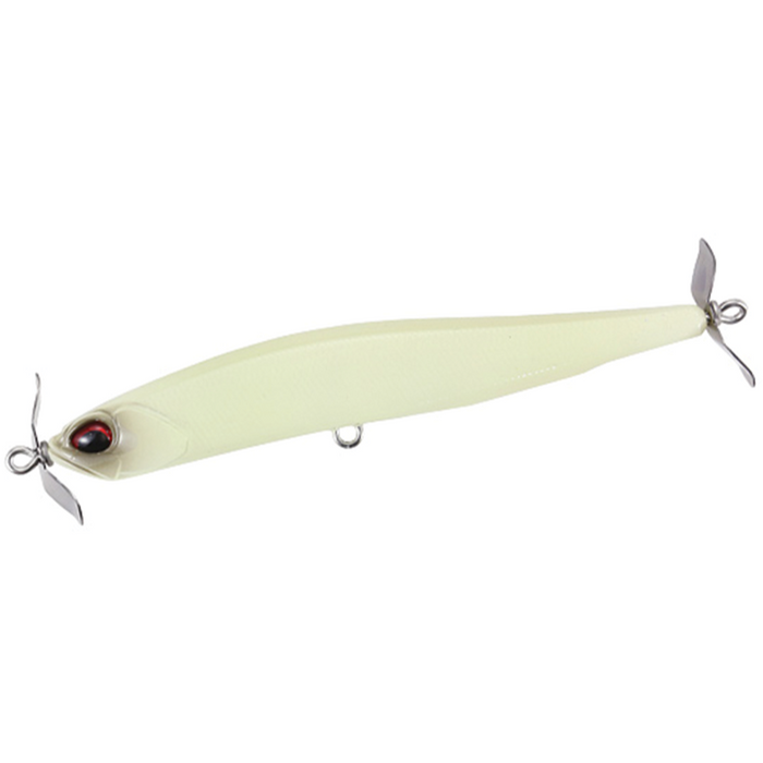 Duo Realis Spinbait 90 fishing lure in pale green with two small metal propellers, realistic molded eyes, and a streamlined body designed for effective fishing tackle use.