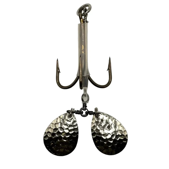 DW 6/0 Double Bladed Teaser Hook-#4 Colorado with a treble hook and two hammered Colorado blades for musky fishing tackle