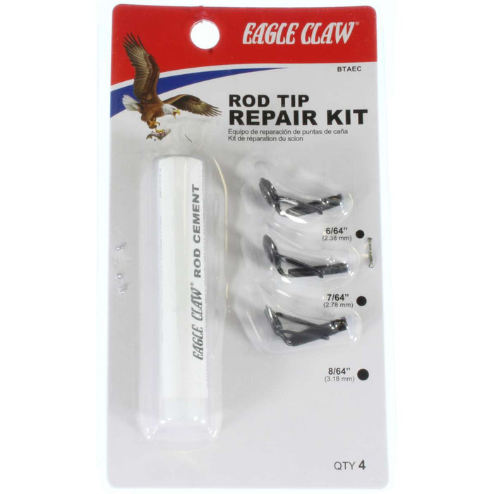 Eagle Claw Rod Tip Repair Kit featuring three sizes of rod tips and a tube of rod cement, designed for repairing fishing rods with precision.
