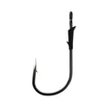 Close-up of a sharp, curved fishing hook with a protective black guard on the shank, designed for secure catches, identified as Eagle Claw Trokar TK130 Flippin' Hook.