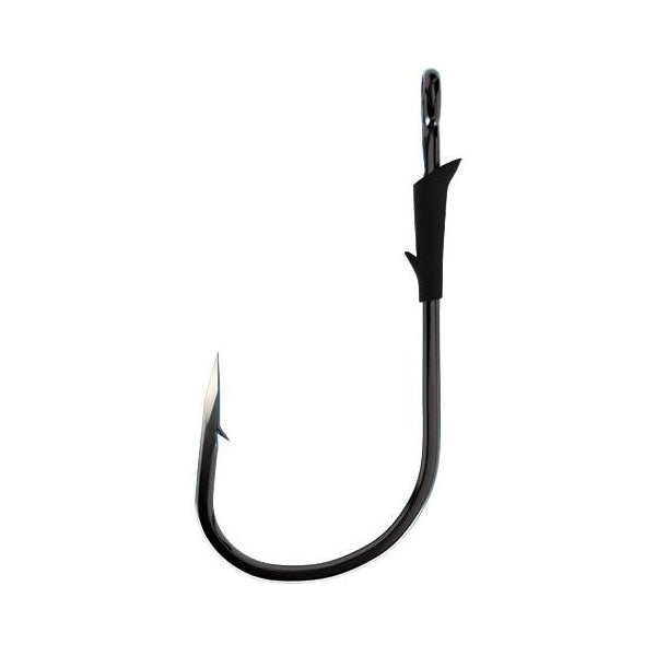 Close-up of a sharp, curved fishing hook with a protective black guard on the shank, designed for secure catches, identified as Eagle Claw Trokar TK130 Flippin' Hook.