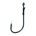 Clear close-up of a single black fishing hook with a sharp point and barb, designed for heavy-duty fishing, identified as the Eagle Claw Trokar TK135 Monster Flippin' Hook.