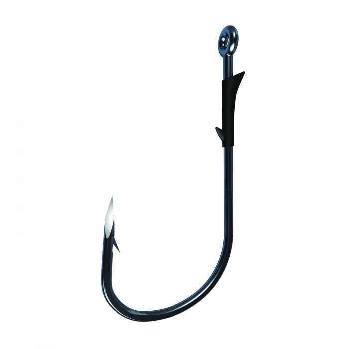 Clear close-up of a single black fishing hook with a sharp point and barb, designed for heavy-duty fishing, identified as the Eagle Claw Trokar TK135 Monster Flippin' Hook.