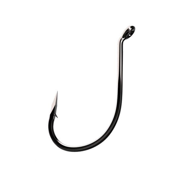 Eagle Claw Trokar TK150 Drop Shot Hook with a sharp, barbed point and a smooth black finish, designed for precision fishing tackle and effective bait presentation.