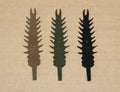 Three soft plastic fishing lures shaped like segmented insect larvae in brown, dark green, and black colors, labeled as Eastern Trophy Tails-Crittermite.