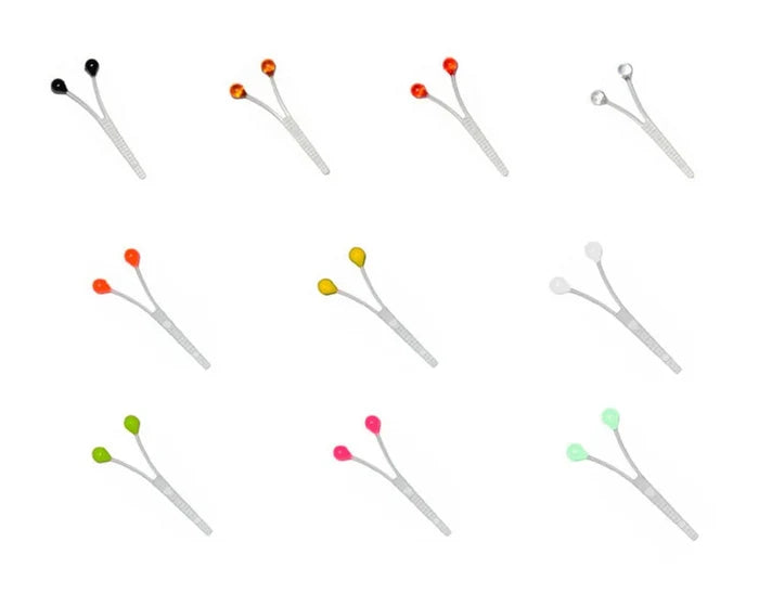 Various pairs of Easy Shrimp Eyes fishing tackle in multiple colors arranged in a grid on a white background.