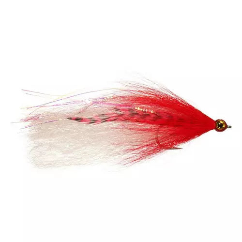 Ehler's Gator Done #2/0 fishing lure featuring bright red and white synthetic fibers with a gold bead head, designed for effective musky and fly fishing tackle.