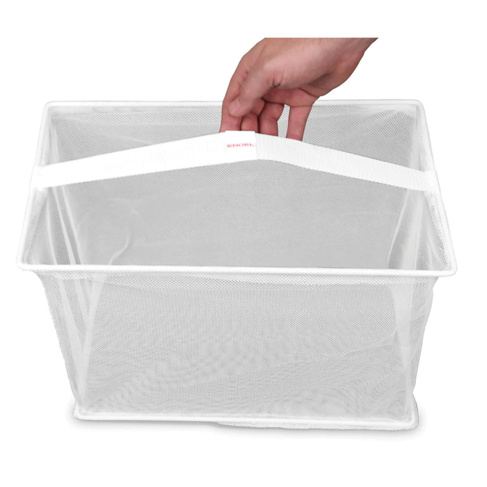 A hand holding the white frame of an Engel Live Bait Minnow Nets made of fine durable mesh designed for fishing tackle use.
