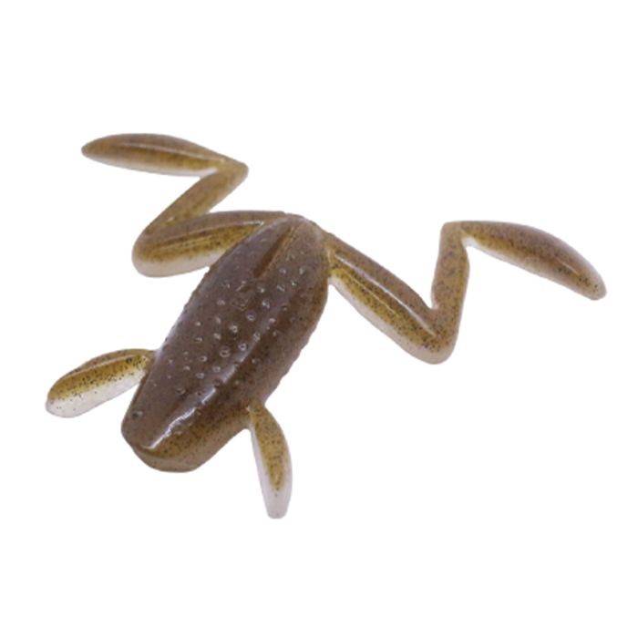 Close-up of a soft plastic brown fishing lure shaped like a frog with textured body and extended legs, labeled Engine Boso Kaeru Power Kicker, designed for use in fishing tackle.