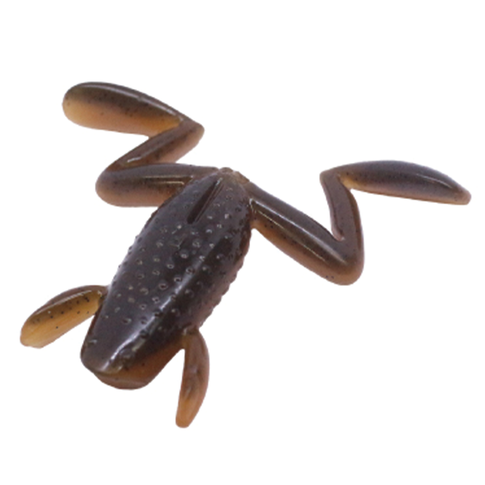 Close-up of a dark brown soft plastic fishing lure shaped like a frog with textured body and extended legs, designed as the Engine Boso Kaeru Power Kicker for musky fishing tackle.