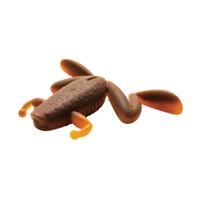 Engine Bousougaeru Muscle fishing lure designed to mimic a small frog, featuring textured brown body and flexible orange legs for realistic movement in water.