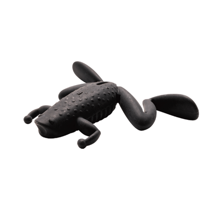 Black soft plastic fishing lure shaped like a frog with textured body and articulated legs designed for freshwater fishing, named Engine Bousougaeru Muscle.