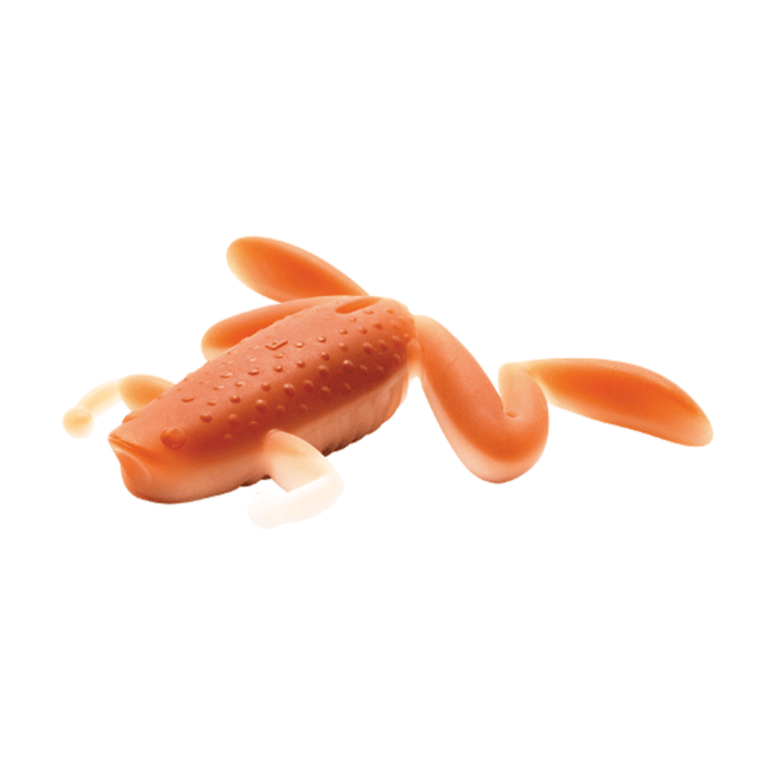 Soft plastic orange fishing lure with textured body and flexible curly appendages, designed for musky fishing, called Engine Bousougaeru Muscle.
