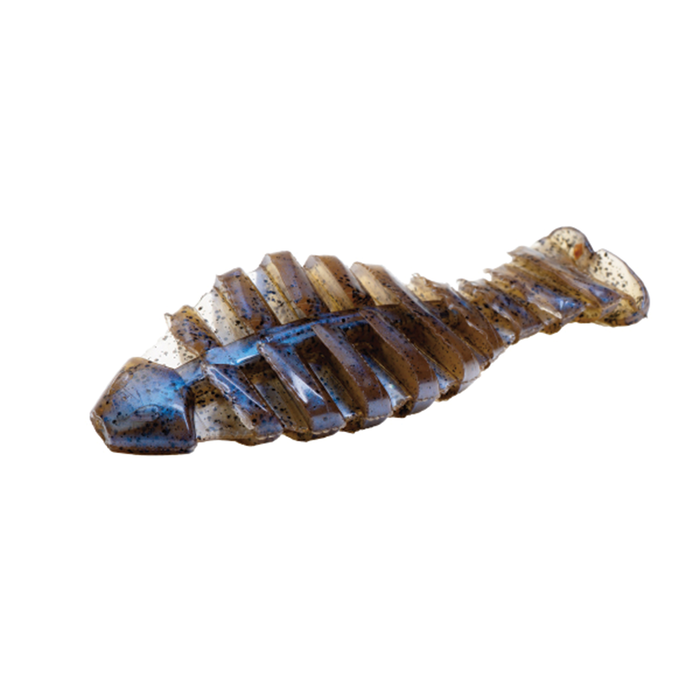 Engine Derofla soft fishing lure with a ribbed body and paddle tail in a blue and brown speckled design for musky fishing tackle