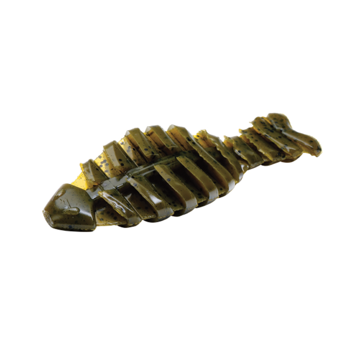 Engine Derofla soft plastic fishing lure in olive brown with a ribbed segmented body and curled tail for musky fishing tackle
