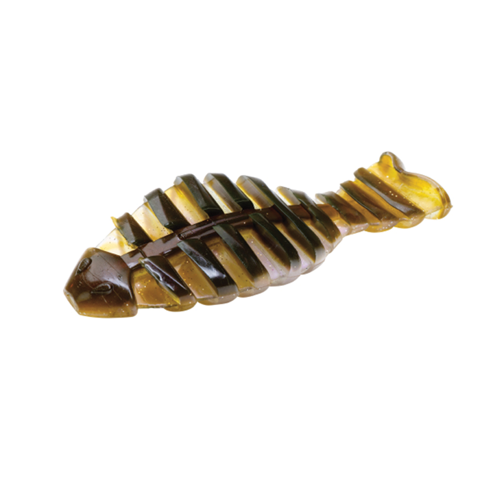 Engine Derofla brown and gold ribbed soft plastic fishing lure with a curled tail and segmented body for musky fishing tackle