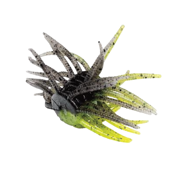 Engine Power Fluffy fishing lure in translucent green and dark shades with multiple flexible appendages designed to mimic aquatic prey for musky fishing.
