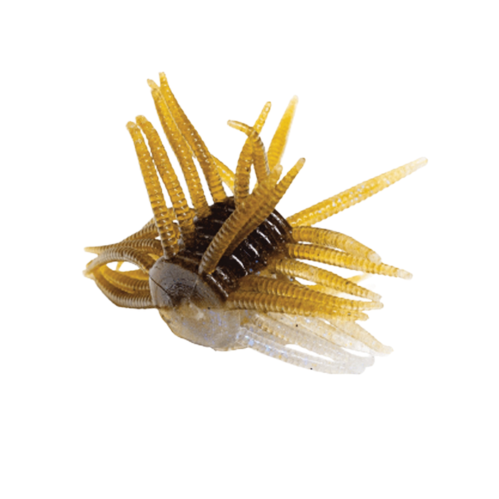 Engine Power Fluffy soft fishing lure with multiple flexible appendages in brown and translucent colors, designed for attracting fish in freshwater fishing.