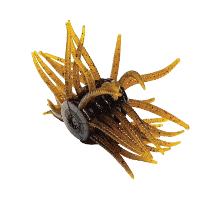 Engine Power Fluffy fishing lure in translucent brown with numerous flexible tentacle-like appendages designed to attract musky and other fish species.