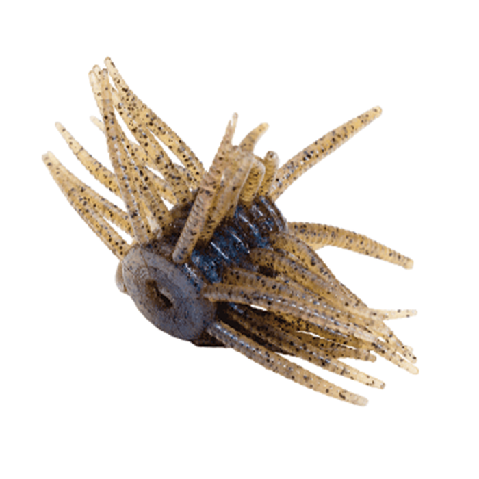 Engine Power Fluffy fishing lure with a soft, segmented body and multiple thin, flexible appendages in a translucent brown color with black speckles.