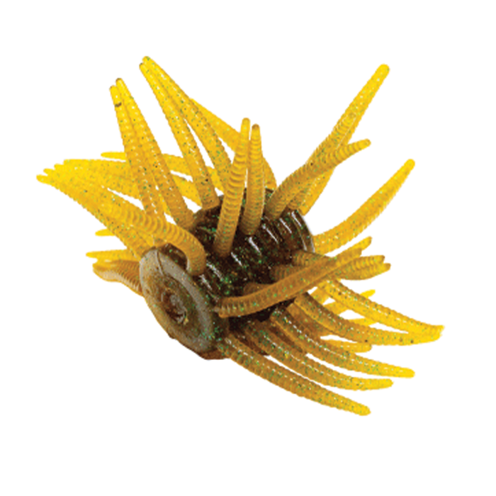 Close-up of the Engine Power Fluffy fishing lure featuring multiple flexible yellow and dark green rubber appendages designed to mimic aquatic prey for fishing tackle use.