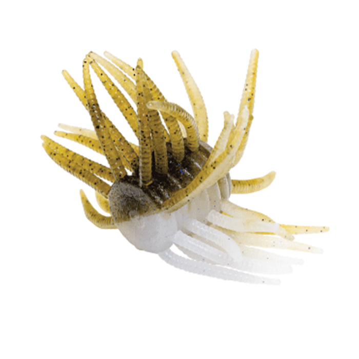 Engine Power Fluffy fishing lure with multiple soft, flexible tentacles in brown and translucent white, designed for attracting musky and other game fish.