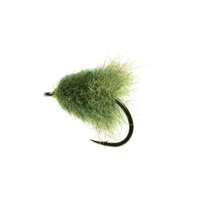 Enrico Puglisi Muddler Minnow UV Brush fly fishing lure with dense olive green fibers and a curved black hook for musky fishing