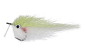 EP Flies Pilchard 2/0 fishing lure featuring a lifelike design with white and light green fibers, a realistic black and white eye, and red accent for attracting musky and other fish.