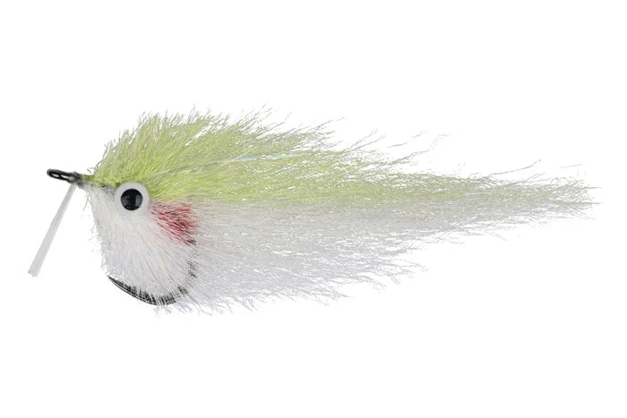 EP Flies Pilchard 2/0 fishing lure featuring a lifelike design with white and light green fibers, a realistic black and white eye, and red accent for attracting musky and other fish.