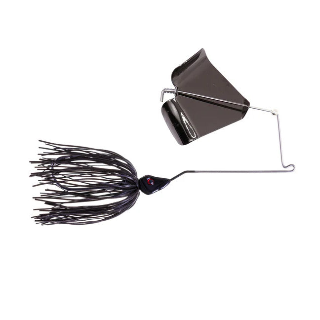 Epic Baits Slow Roll'r Buzzbait is a black fishing lure with a skirted body and a curved metal blade designed to create noise and flash for attracting fish.