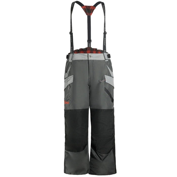 Eskimo Scout Pant - Women's in dark gray and black with adjustable black suspenders, multiple pockets, and reinforced knee panels designed for cold-weather fishing activities.