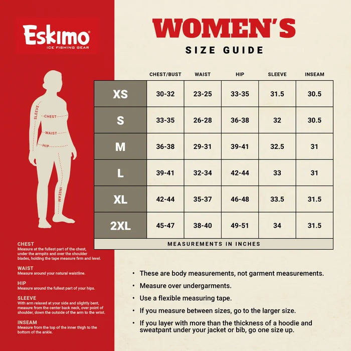 Women's size guide chart for Eskimo Scout Pant - Women's showing chest, waist, hip, sleeve, and inseam measurements in inches with fitting instructions and measurement tips.