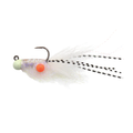 Eurotackle Gamma Fly Jig with white iridescent body, striped trailing fibers, bright orange accent, and single sharp hook designed for musky fly fishing.