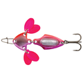 Eurotackle Jointed Spade Blade fishing lure in pink and silver with two spinning blades and a treble hook, designed for effective musky fishing tackle.