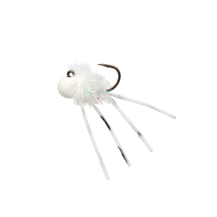 Eurotackle Strider Fly Jig in white with a round head, iridescent body fibers, three flexible trailing legs, and a sharp fishing hook designed for fishing tackle use.