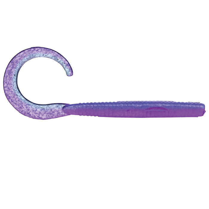 Evergreen 3.2" Lucy soft plastic fishing lure in purple with a curled tail, designed for effective movement in water to attract fish.