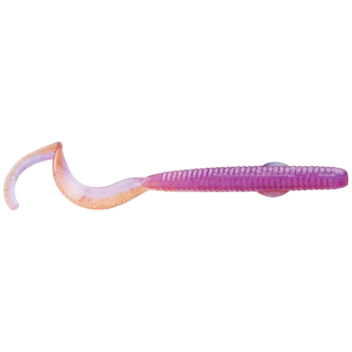 Evergreen 3.2" Lucy soft fishing lure in purple and light pink with a ribbed body and curly tail designed for attracting musky and other freshwater fish.